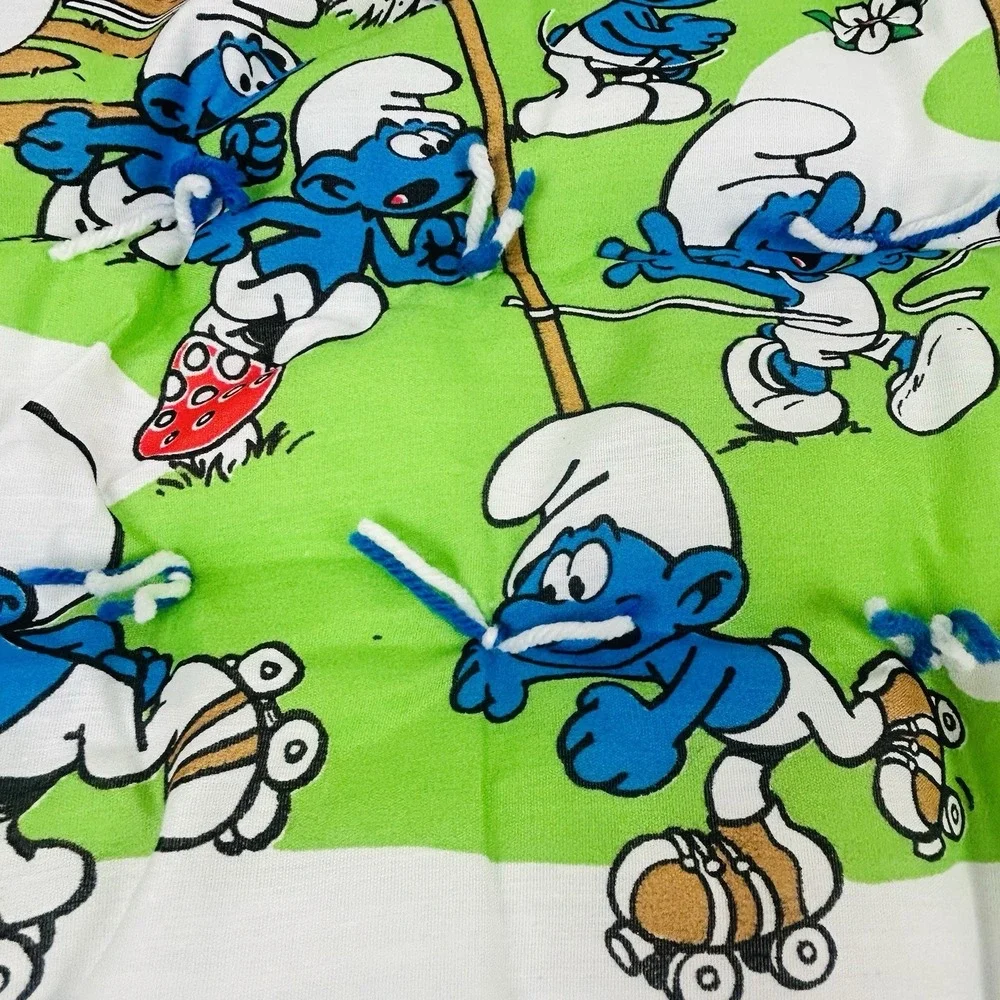 Vintage Smurfs Baby Blanket Quilt Project Unfinished Edges 48x42 Handmade 80s